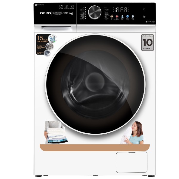 מכונת כביסה משולבת מייבש 10/6 ק&quot;ג דגם AIWA AI-106KGT800 איווה לבן