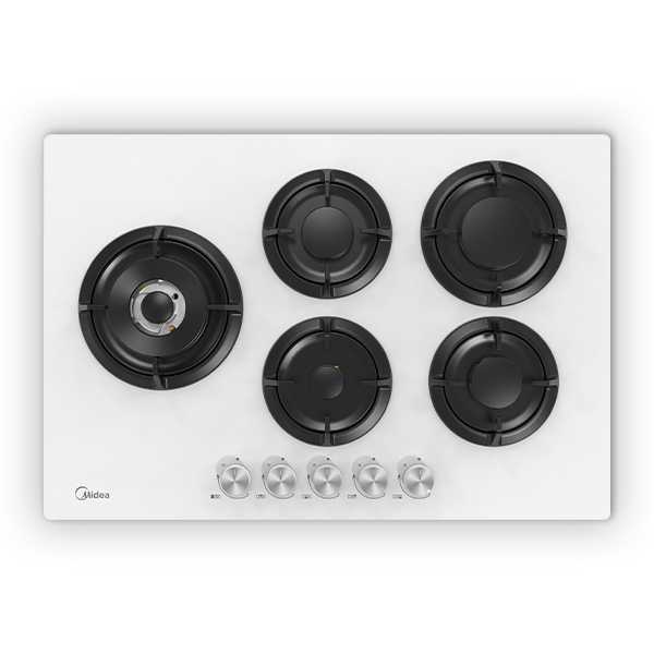 כיריים  גז 5 להבות דגם MIDEA 75GP503-W מידאה -זכוכית לבנה