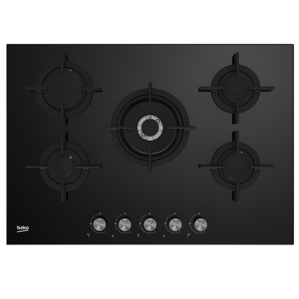 כיריים גז 75 ס&quot;מ 5 להבות דגם HILW75220S בקו Beko זכוכית שחורה