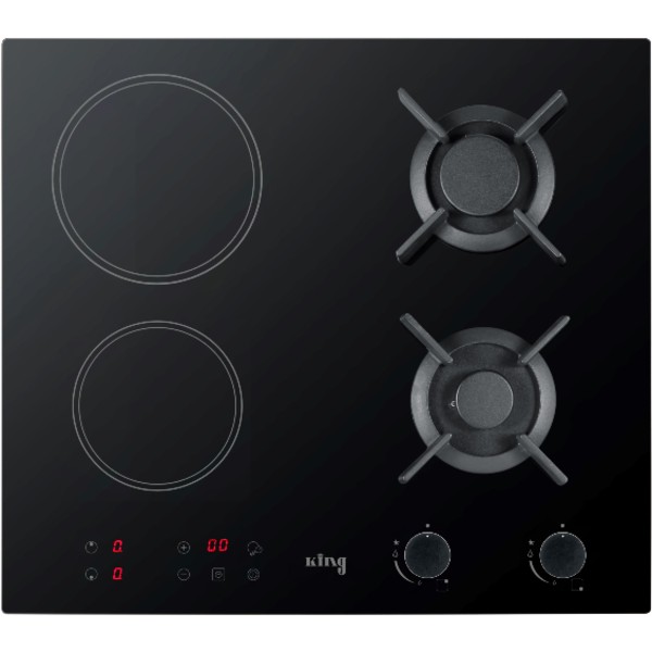 כיריים משולבות גז וזכוכית קרמית 60 ס&quot;מ דגם King KCG7009 קינג צבע זכוכית שחורה
