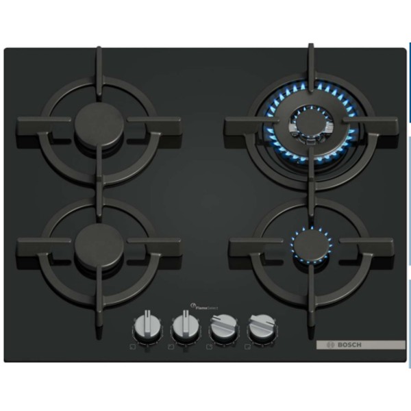 כיריים גז 60 ס&quot;מ 4 להבות מסדרת FlameSelect דגם PPH6A6I10Y בוש Bosch זכוכית שחורה