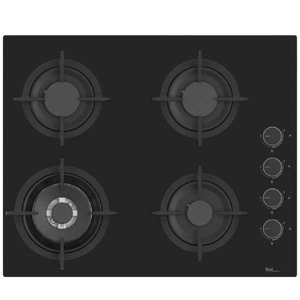 כיריים גז 4 להבות 60 ס&quot;מ דגם SOL S6GBM-855 סול זכוכית שחורה