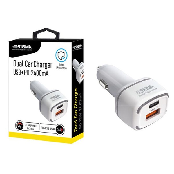 מטען USB+PD לרכב, SIGMA 2.4A 12W לבן