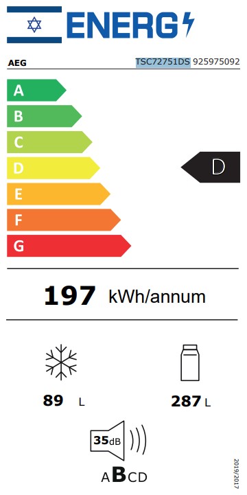 מקרר אינטגרלי מקפיא תחתון 376 ליטר דגם AEG TSC72751DS