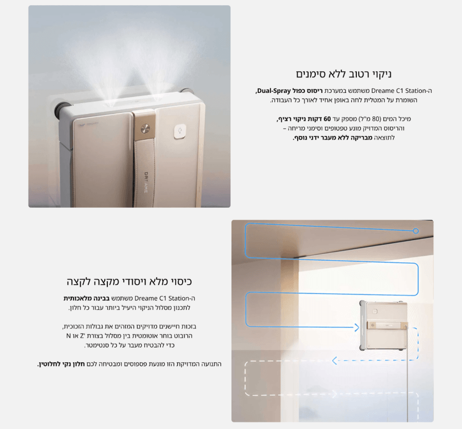 ניקוי רטוב ללא סימנים  ה-Dreame C1 Station משתמש במערכת ריסוס כפול Dual-Spray, השומרת על המטלית לחה באופן אחיד לאורך כל העבודה.  מיכל המים (80 מ"ל) מספק עד 60 דקות ניקוי רציף, והריסוס המדויק מונע טפטופים וסימני מריחה &ndash; לתוצאה מבריקה ללא מעבר ידני נוסף.   כיסוי מלא ויסודי מקצה לקצה  ה-Dreame C1 Station משתמש בבינה מלאכותית לתכנון מסלול הניקוי היעיל ביותר עבור כל חלון.  בזכות חיישנים מדויקים המזהים את גבולות הזכוכית, הרובוט בוחר אוטומטית בין מסלול בצורת 'Z או N כדי להבטיח מעבר על כל סנטימטר.  התנועה המדויקת הזו מונעת פספוסים ומבטיחה לכם חלון נקי לחלוטין.