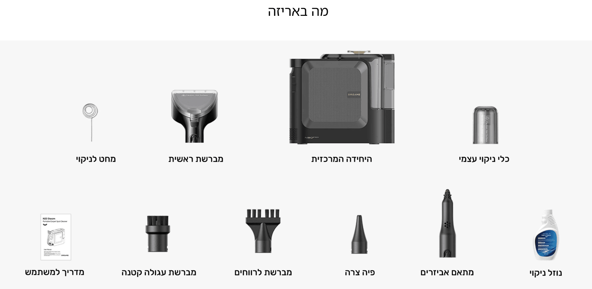 מה באריזה כלי ניקוי עצמי היחידה המרכזית מברשת ראשית מחט לניקוי נוזל ניקוי מתאם אביזרים פיה צרה מברשת לרווחים מברשת עגולה קטנה מדריך למשתמש