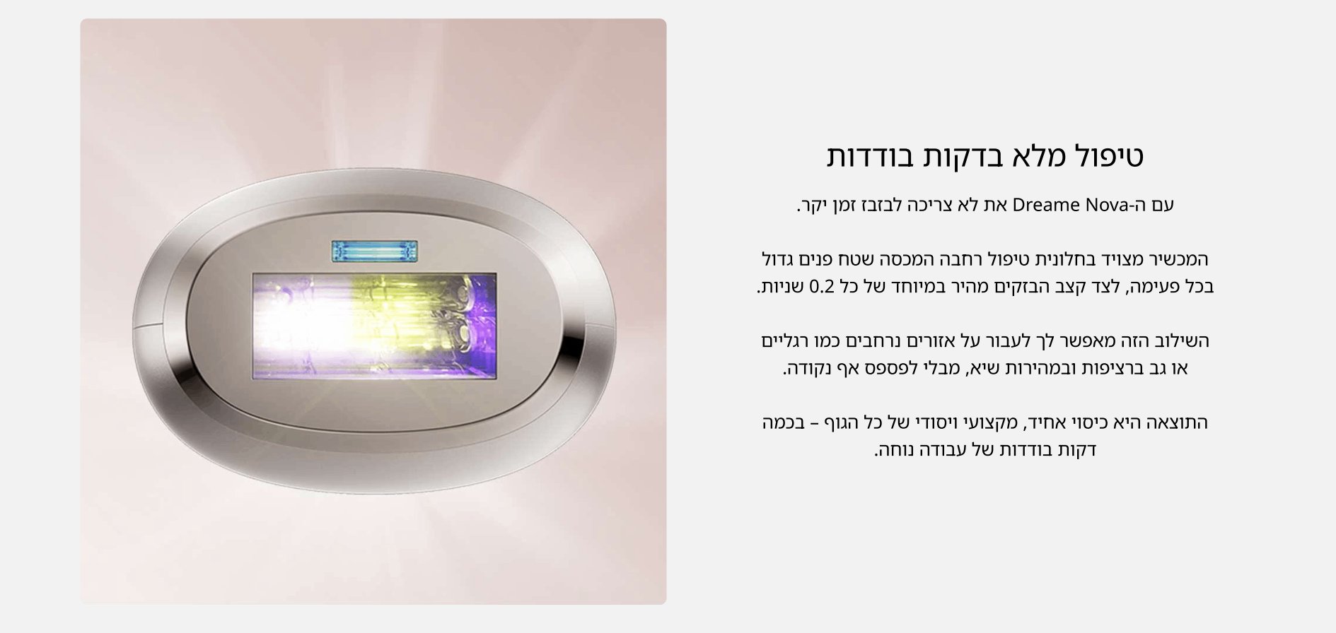 טיפול מלא בדקות בודדות עם ה- Dreame Nova את לא צריכה לבזבז זמן יקר.  המכשיר מצויד בחלונית טיפול רחבה המכסה שטח פנים גדול בכל פעימה, לצד קצב הבזקים מהיר במיוחד של כל 0.2 שניות.  השילוב הזה מאפשר לך לעבור על אזורים נרחבים כמו רגליים או גב ברציפות ובמהירות שיא, מבלי לפספס אף נקודה.  התוצאה היא כיסוי אחיד, מקצועי ויסודי של כל הגוף - בכמה דקות בודדות של עבודה נוחה.