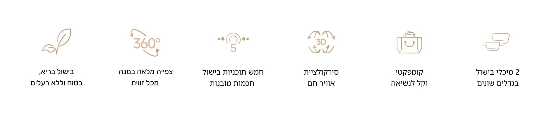 2 מיכל בישול בגדלים שונים קומפקטי וקל לנשיאה סירקולציית אוויר חם 5 תוכניות בישול חכמות מובנות צפייה מלאה במנה מכל זווית בישול בריא בטוח וללא רעלים