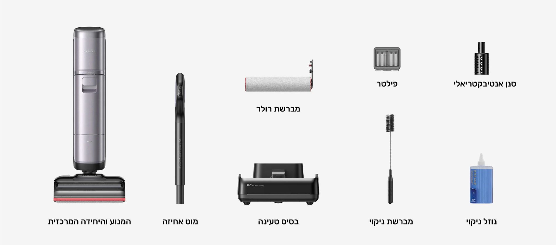מה באריזה? סנן אנטיבקטריאלי / פילטר/ מברשת רולר / נוזל ניקוי / מברשת ניקוי / בסיס טעינה / מוט אחיזה / המנוע והיחידה המרכזית
