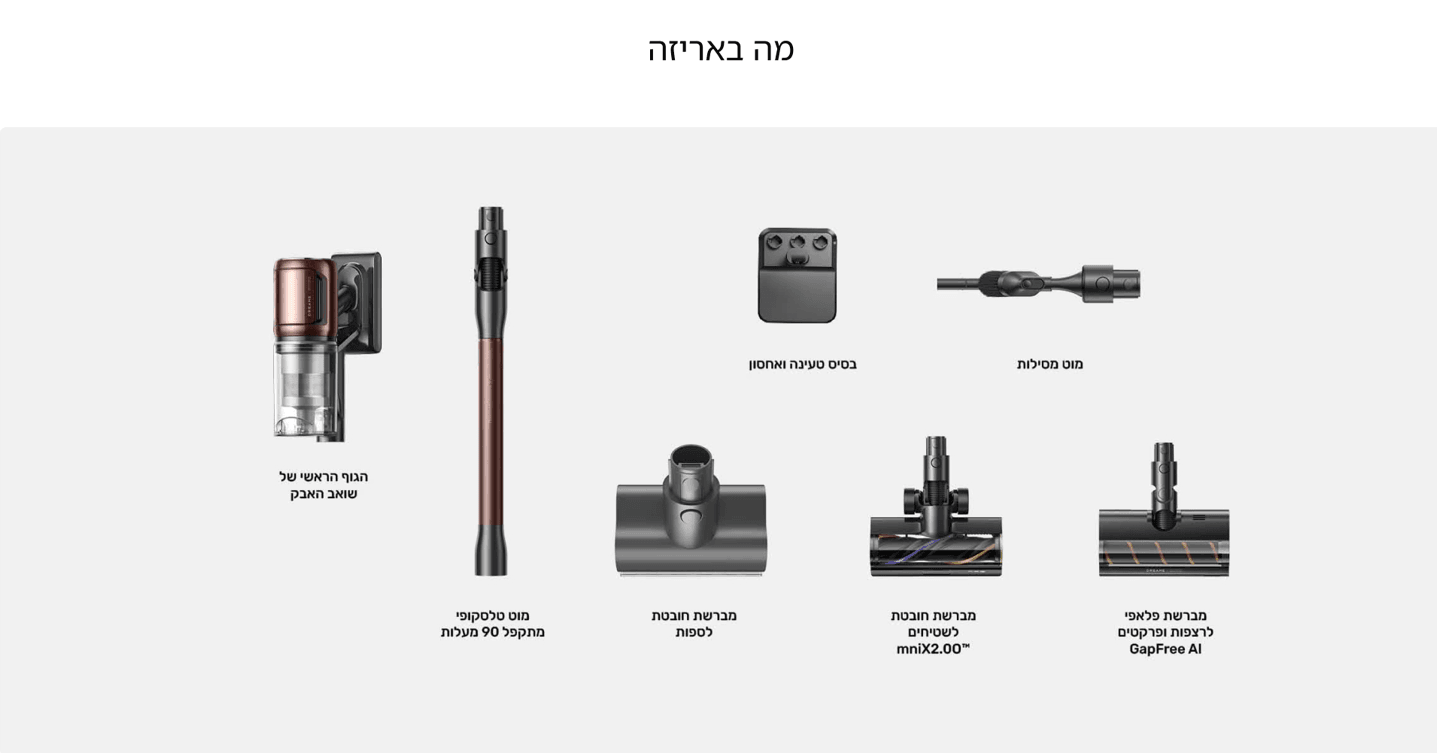 מה באריזה הגוף הראשי של שואב האבק מוט טלסקופי מתקפל 90 מעלות מוט מסילות בסיס טעינה ואחסון מברשת פלאפי לרצפות ופרקטים GapFree Al מברשת חובטת לשטיחים ™mniX2.00 מברשת חובטת לספות
