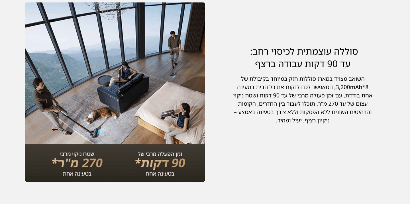 סוללה עוצמתית לכיסוי רחב: עד 90 דקות עבודה ברצף השואב מצויד במארז סוללות חזק במיוחד בקיבולת של 3,200mAh*8, המאפשר לכם לנקות את כל הבית בטעינה אחת בודדת. עם זמן פעולה מרבי של עד 90 דקות ושטח ניקוי עצום של עד 270 מ