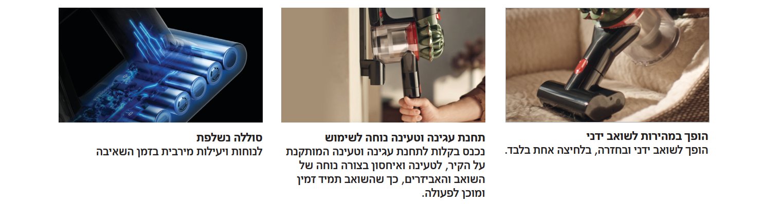 הופך לשואב ידני: בלחיצה אחת בלבד מתמיר לשואב ידני ובחזרה לשואב עומד.  תחנת עגינה וטעינה: נכנס בקלות לתחנת העגינה המותקנת על הקיר, לטעינה ואחסון נוח של השואב והאביזרים &mdash; כך שהשואב תמיד זמין ומוכן לפעולה.  סוללה נשלפת: לנוחות ויעילות מירבית בזמן השאיבה.