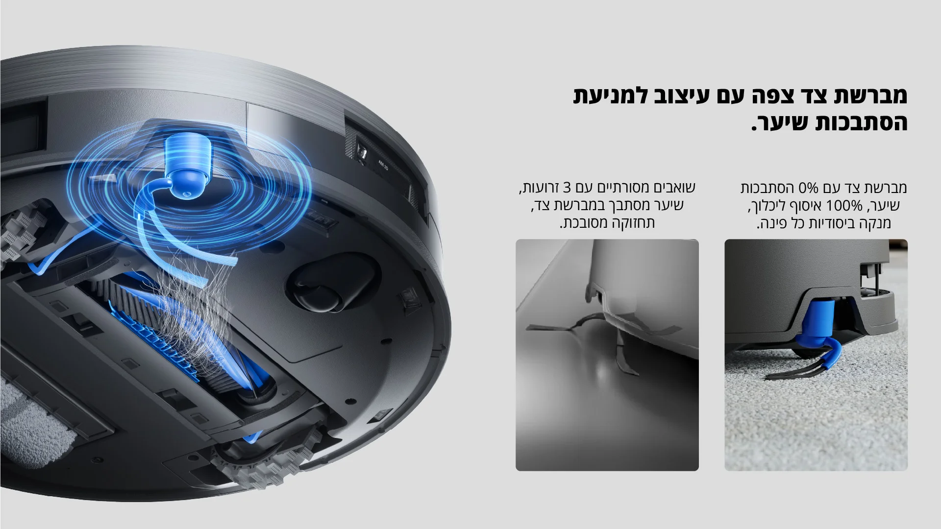 מברשת צד צפה עם עיצוב למניעת הסתבכות שיער. מברשת צד עם 0% הסתבכות שיער 100% איסוף ליכלוך, מנקה ביסודיות כל פינה. שואבים מסורתיים עם 3 זרועות, שיער מסתבך במברשת צד, תחזוקה מסובכת.