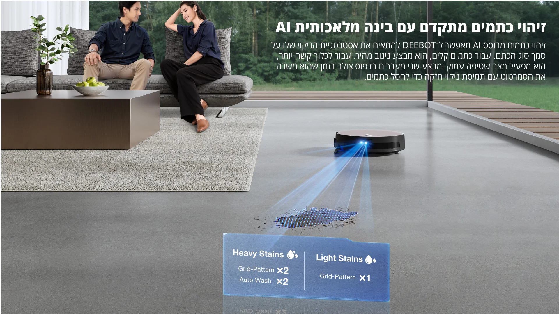 זיהוי כתמים מתקדם עם בינה מלאכותית AI זיהוי כתמים מבוסס AI מאפשר ל־DEEBOT להתאים את אסטרטגיית הניקוי שלו על סמך סוג הכתם. עבור כתמים קלים, הוא מבצע ניגוב מהיר. עבור לכלוך קשה יותר, הוא מפעיל מצב שטיפה עמוק ומבצע שני מעברים בדפוס צולב בזמן שהוא משרה את הסמרטוט עם תמיסת ניקוי חזקה כדי לחסל כתמים.