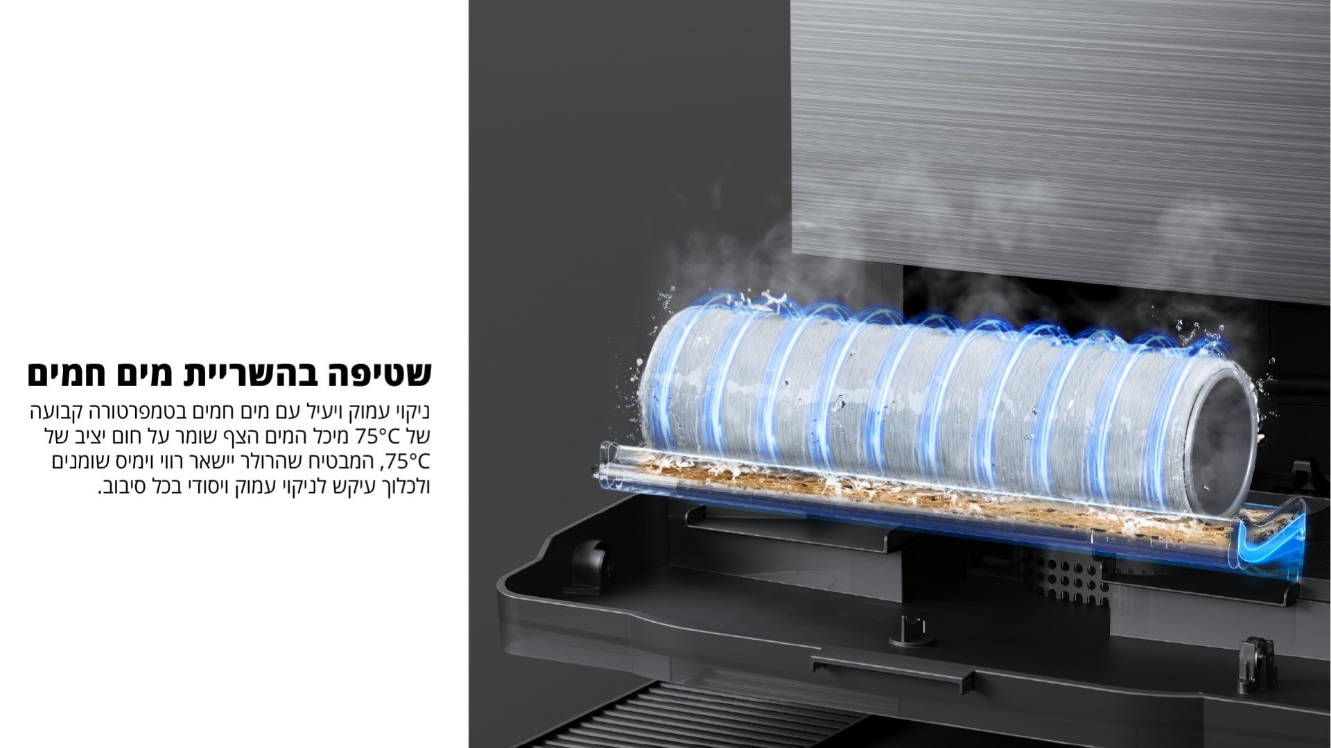 שטיפה בהשריית מים חמים ניקוי עמוק ויעיל עם מים חמים בטמפרטורה קבועה של 75&deg;C מיכל המים הצף שומר על חום יציב של 75&deg;C, המבטיח שהרולר יישאר רווי וימיס שומנים ולכלוך עיקש לניקוי עמוק ויסודי בכל סיבוב.