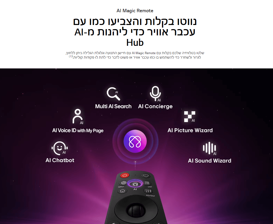 נווטו בקלות והצביעו כמו עם עכבר אוויר כדי ליהנות מ-AI Hub שלטו בטלוויזיה שלכם בקלות עם AI Magic Remote עם חיישן התנועה וגלגלת הגלילה ניתן ללחוץ. לגרור ולשחרר כדי להשתמש בו כמו עכבר אוויר או פשוט לדבר כדי לתת לו פקודות קוליות 
