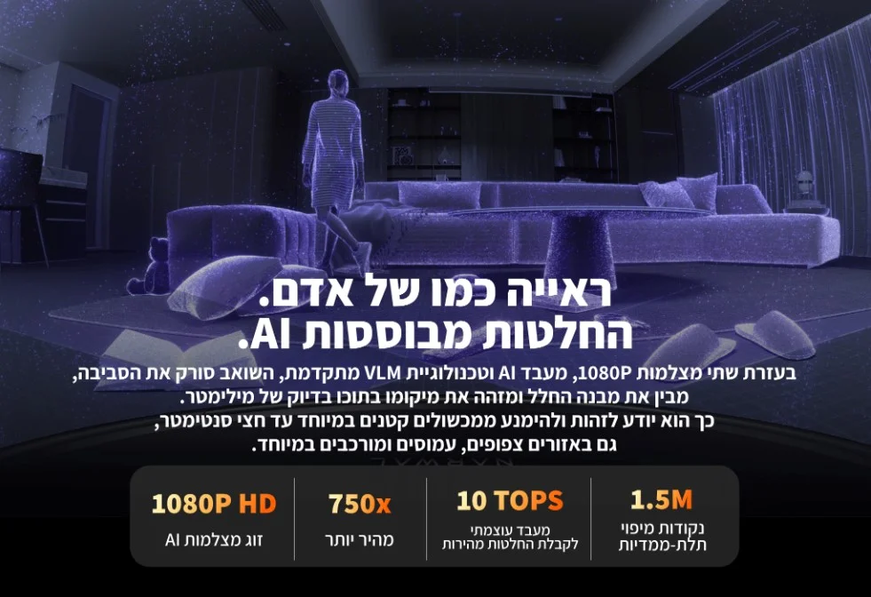 בעזרת שתי מצלמות 1080P, מעבד AI וטכנולוגיית VLM מתקדמת, השואב סורק את הסביבה, מבין את מבנה החלל ומזהה את מיקומו בתוכו בדיוק של מילימטר. כך הוא יודע לזהות ולהימנע ממכשולים קטנים במיוחד עד חצי סנטימטר, גם באזורים צפופים, עמוסים ומורכבים במיוחד.