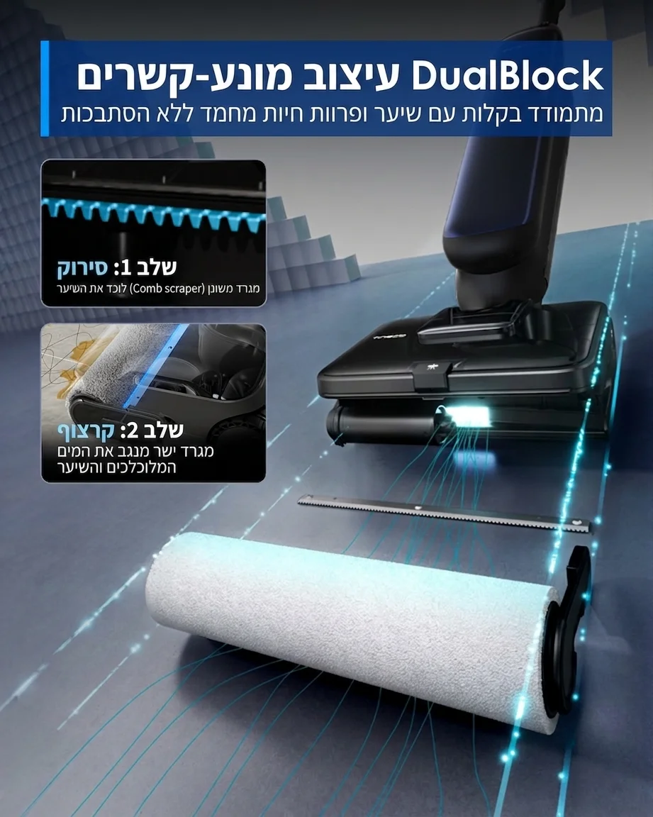מערכת DualBlock מערכת מתקדמת למניעת הסתבכות שיער במברשת המכשיר, המאפשרת ניקוי קל ותחזוקה פשוטה. יעילה במיוחד בבתים עם חיות מחמד.